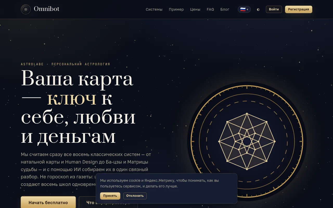Публичная главная страница омнибот.рф — ИИ-сервис разборов по восьми эзотерическим системам